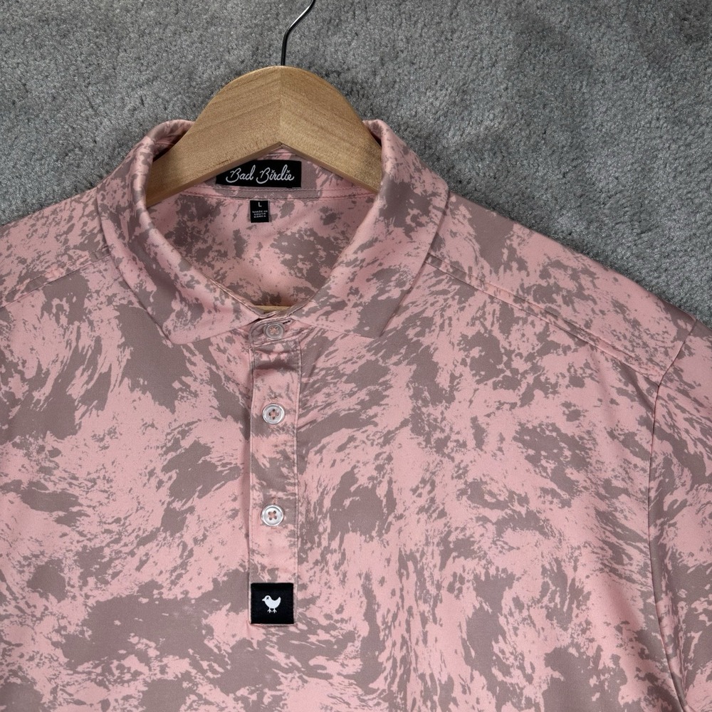 Bad Birdie Polo Shirt Mens XL Pink Abstract Camo Performance Short Sleeve Golf